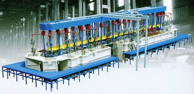 LINE FOR PHOSPHATIZING AND GALVANIZING WITH ROTARY-HYDRAULIC MECHANISM
