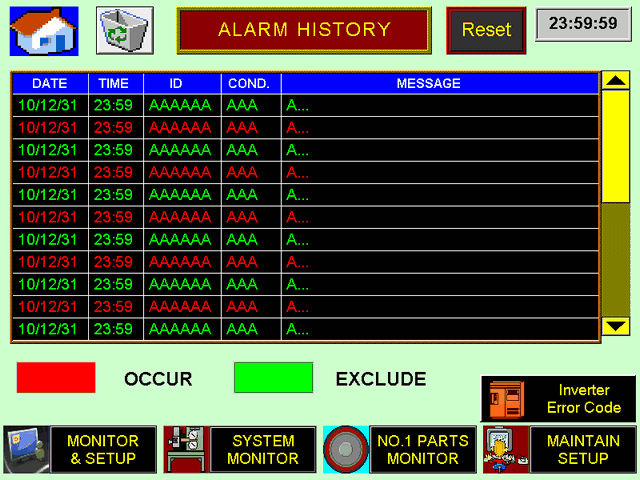 Alarm history screen