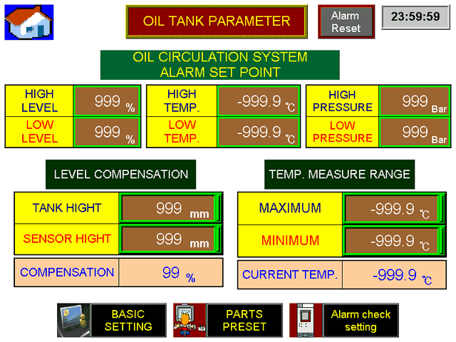 Oil tank operation parameter setting screen